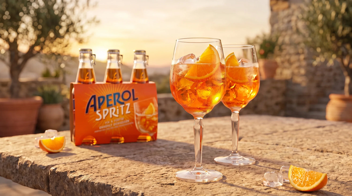 Zwei Gläser Aperol Spritz mit Eis und Orangenscheibe auf einer sommerlichen Terrasse