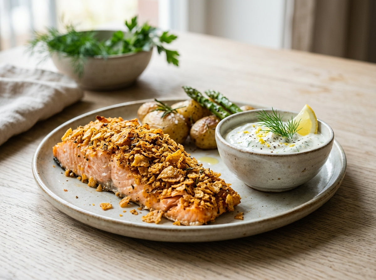 Gebackener Lachs mit Smoky-Paprika-Chips-Kruste und Zitronen-Schmand — Rezept aus dem Vinoscout-Magazin