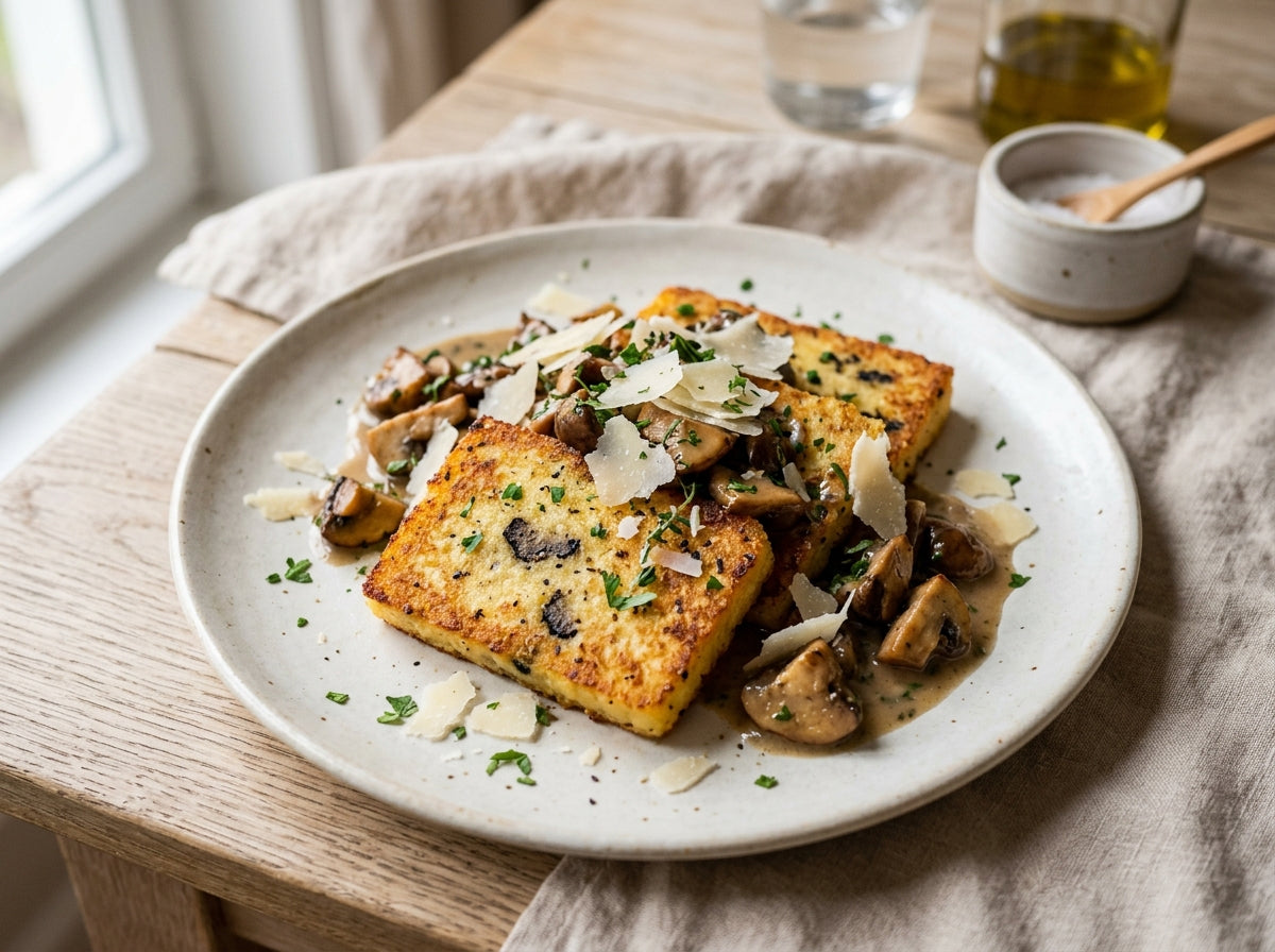 Pan-fried truffle polenta with porcini mushrooms and Parmesan — recipe from the Vinoscout magazine