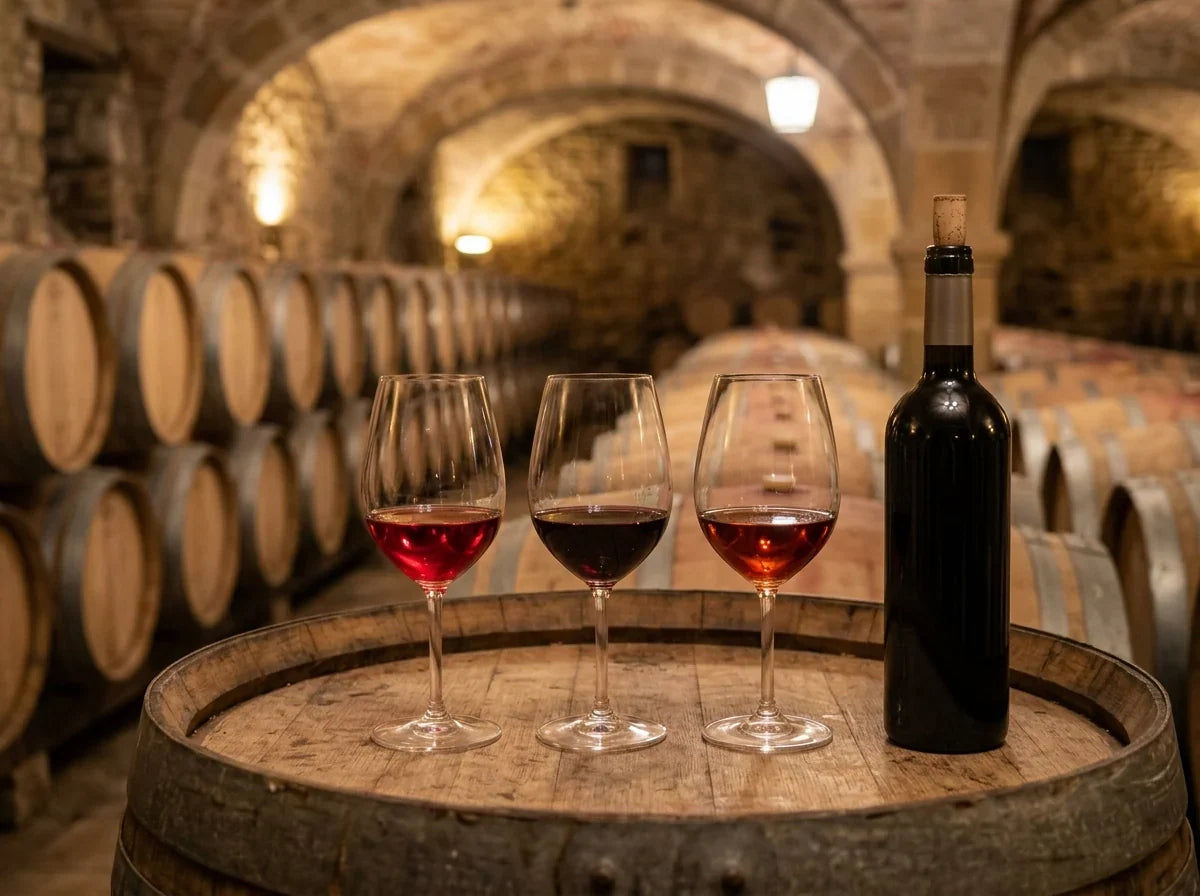 Drei Gläser Rioja von rubinrot bis ziegelrot auf einem Eichenfass im Gewölbekeller