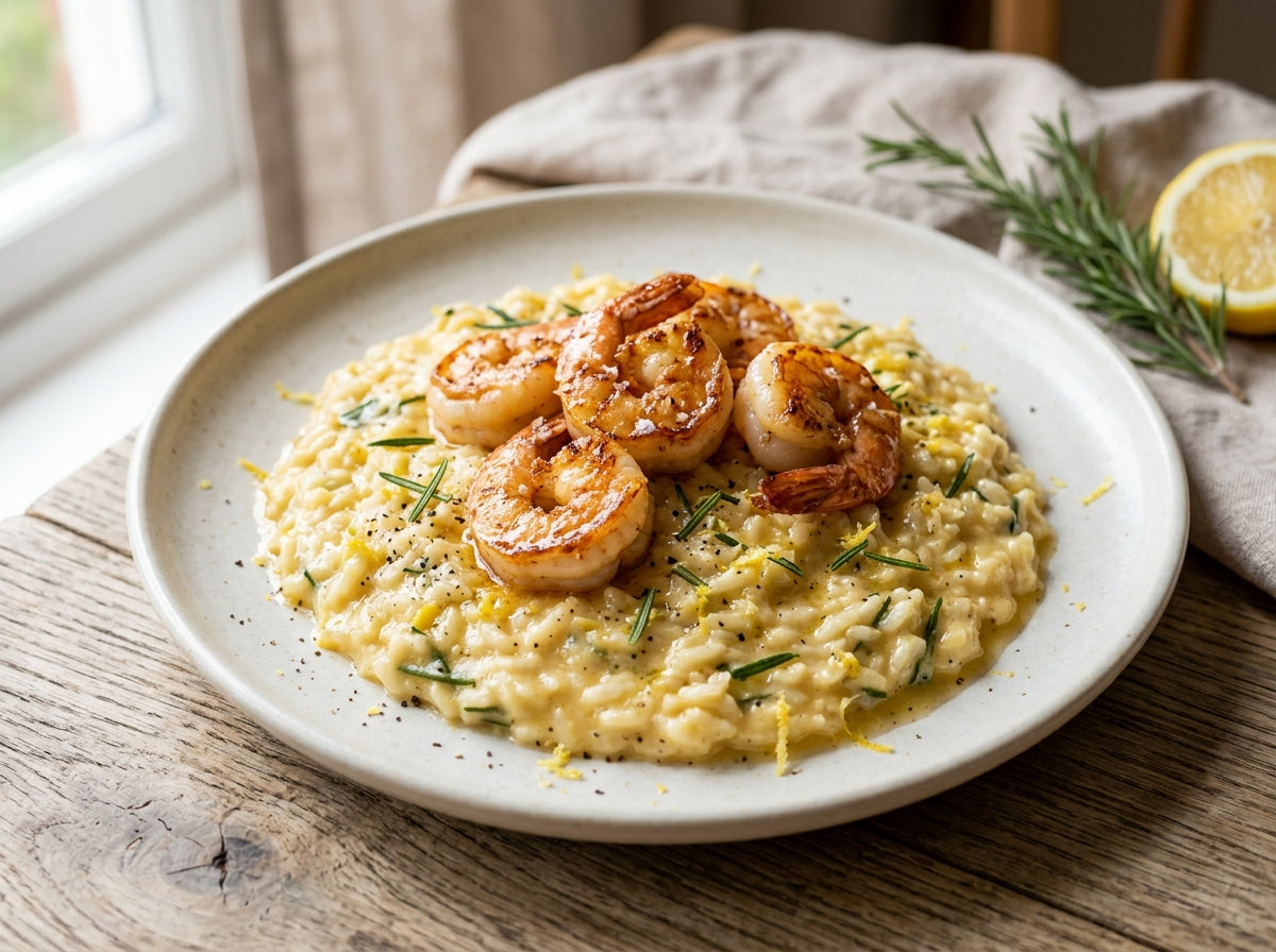 Risotto al limone e rosmarino mit gebratenen Garnelen und Zitronenbutter — Rezept aus dem Vinoscout-Magazin