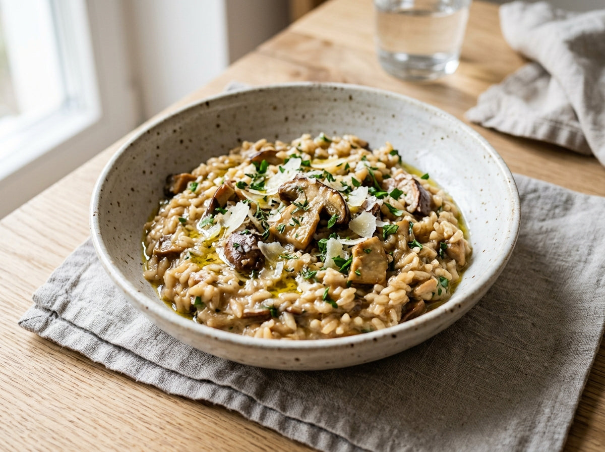 Porcini mushroom risotto with Parmesan and fresh herbs — recipe from the Vinoscout magazine
