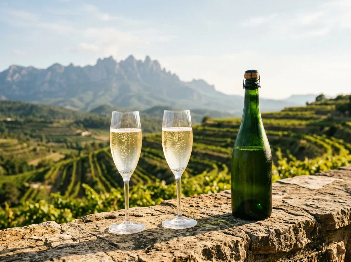 Zwei Gläser Cava auf einer Steinmauer über den Weinbergen des Penedès, dahinter der Montserrat
