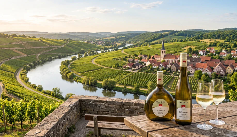 Franconian wine region – Main loop with vineyards and Bocksbeutel wine bottles