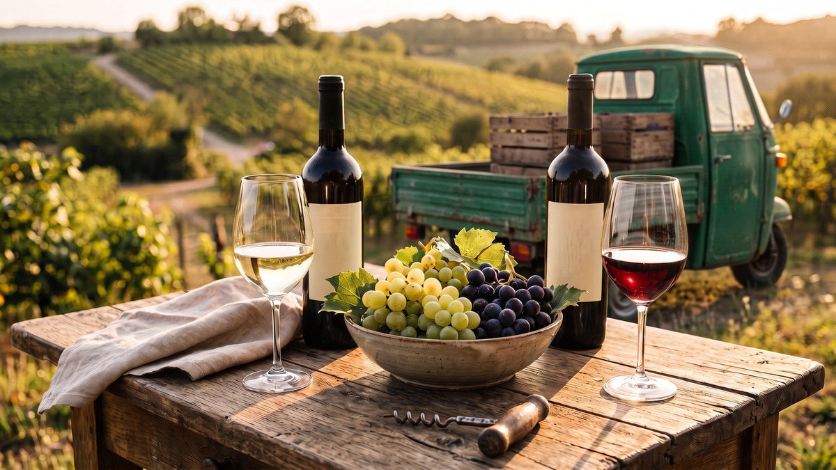 Current wine offers at Vinoscout – wine bottles and glasses on a wooden table in the vineyard, with a green tricycle with wine crates in the background