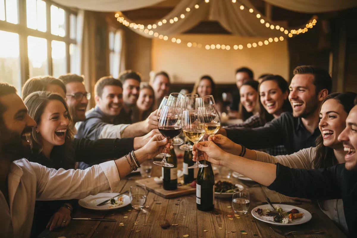Cheerful group toasting at a long wooden table with red and white wine glasses, fairy lights in the background