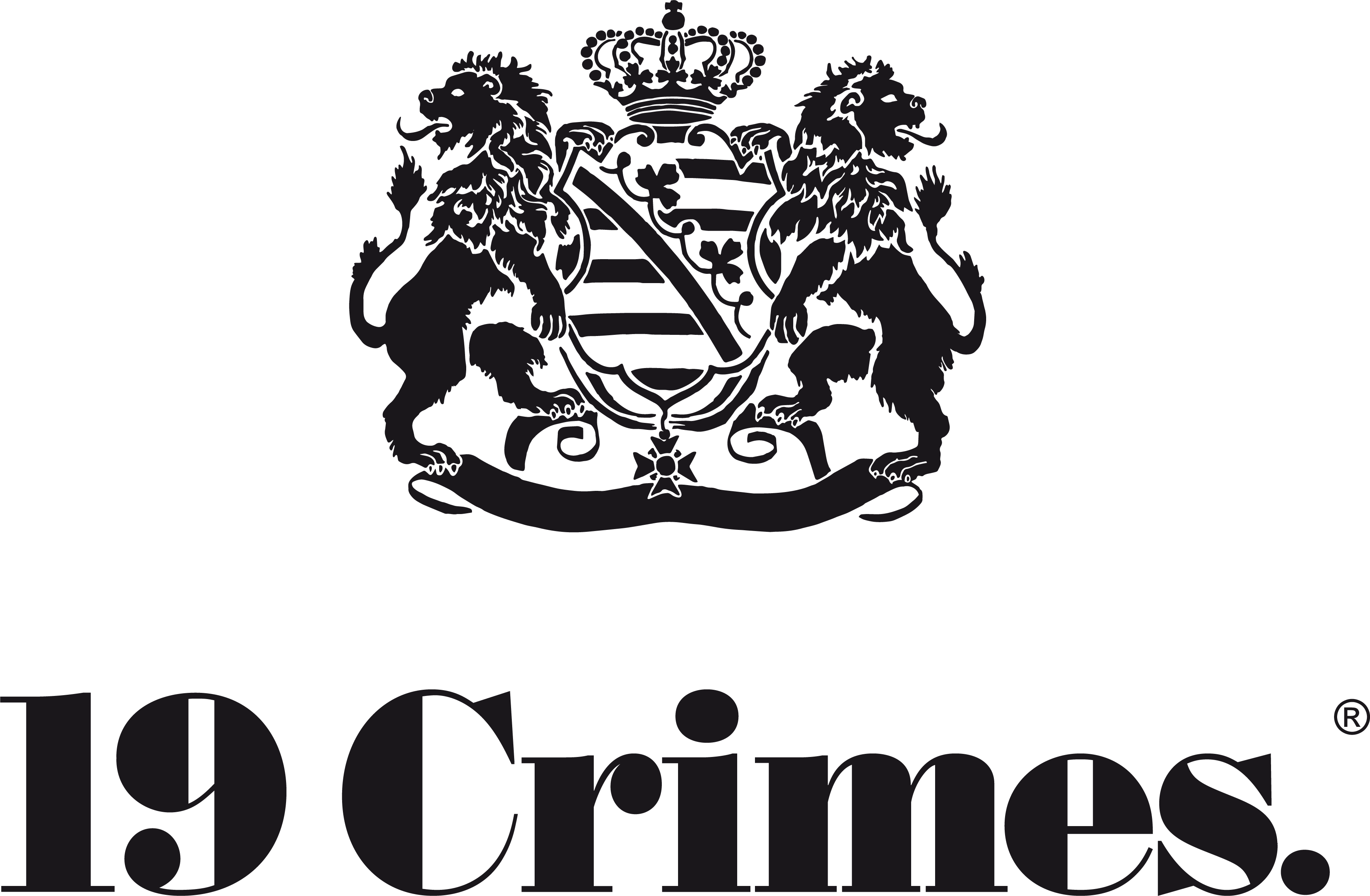 19 Crimes Australien Logo – schwarzes Emblem mit Schriftzug und Ornamentrahmen