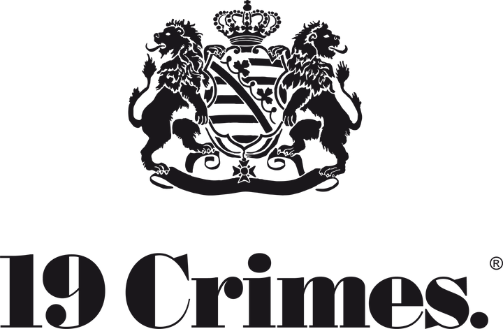 19 Crimes Australien Logo – schwarzes Emblem mit Schriftzug und Ornamentrahmen