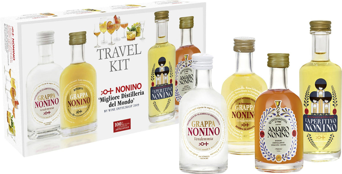 Nonino Travel Kit 4x0.05l 1x0.05l each: Grappa Vendemmia 40%, Vend. Ris. 41%