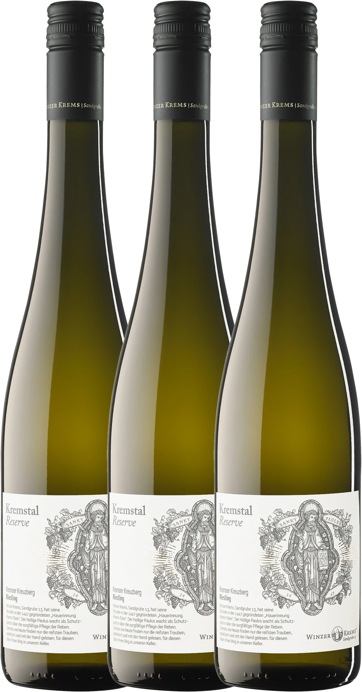 Three bottles of Kremser Kreuzberg Riesling DAC Reserve from WINZER KREMS eG side by side, white wine