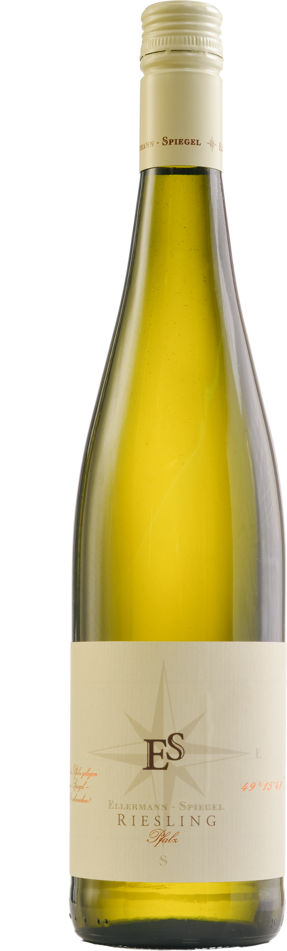 Weißweinflasche Ellermann-Spiegel Riesling Schlabberwein aus der Pfalz