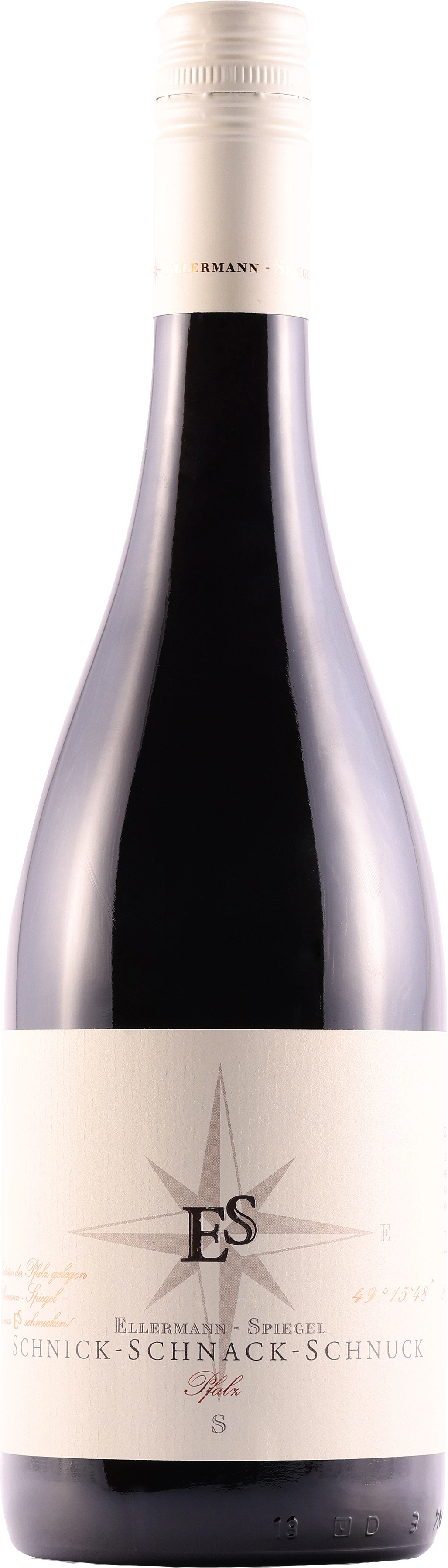 Ellermann-Spiegel Cuvée Schnick-Schnack-Schnuck, Rotwein aus der Pfalz, mit verspieltem Etikett und bunter Aufschrift.