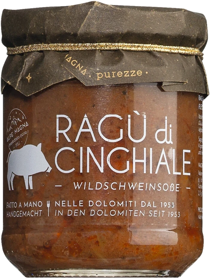 Alpe Magna Ragu di cinghiale – Glas mit dunklem Wildschweinfleisch-Ragù aus den Dolomiten