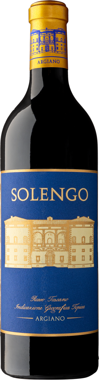 Argiano Solengo Toscana IGT, Rotwein aus der Toskana, dunkle Flasche mit Etikett, Bordeaux-Cuvée aus Montalcino