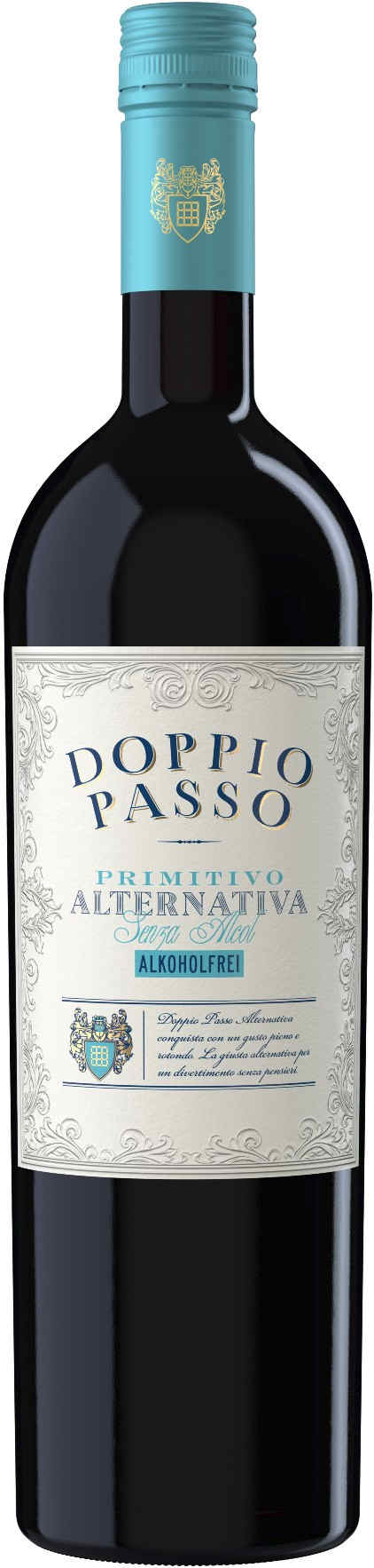 Botter Doppio Passo Rosso Alternativa Alkoholfrei, Flasche mit tiefrotem Etikett, alkoholfreier Wein aus Apulien