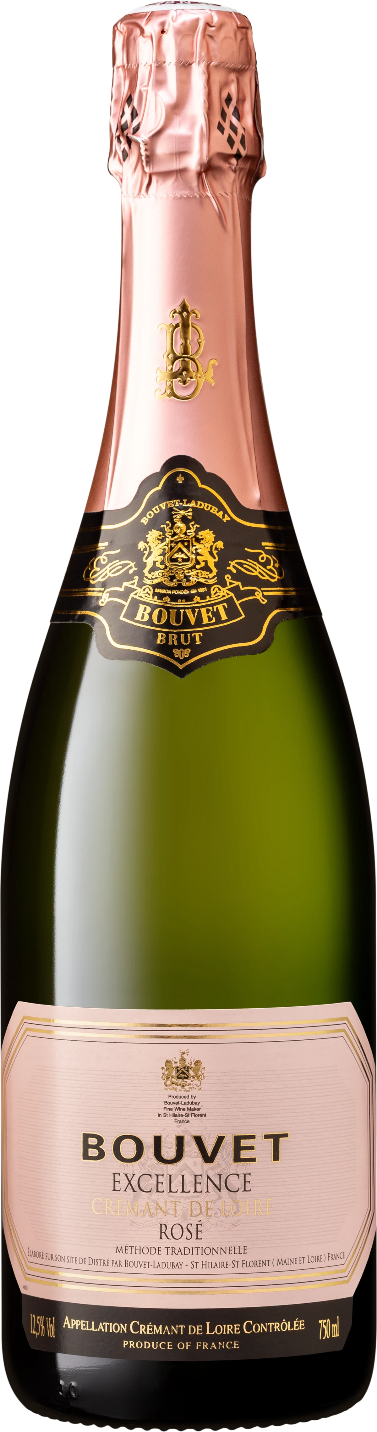 Flasche Bouvet Ladubay Crémant de Loire Rosé Excellence Brut mit Etikett, roséfarbener Schaumwein