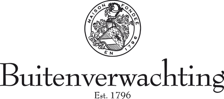 Schwarzweißes Logo von Buitenverwachting mit Wappen, Schriftzug und Gründungsjahr 1796.