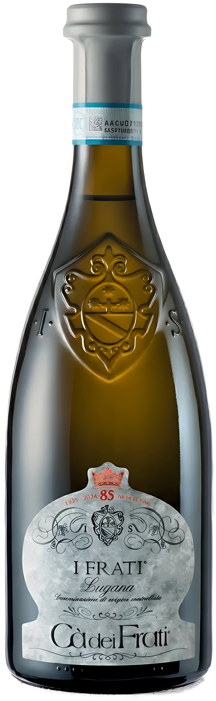 White wine bottle Cà dei Frati I Frati Lugana DOC with label of the Cà dei Frati winery