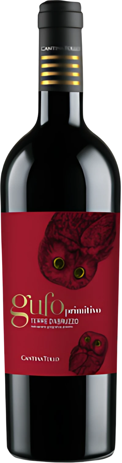 Rote Weinflasche Gufo Primitivo Terre d'Abruzzo von Cantina Tollo mit Eulenmotiv auf dem Etikett