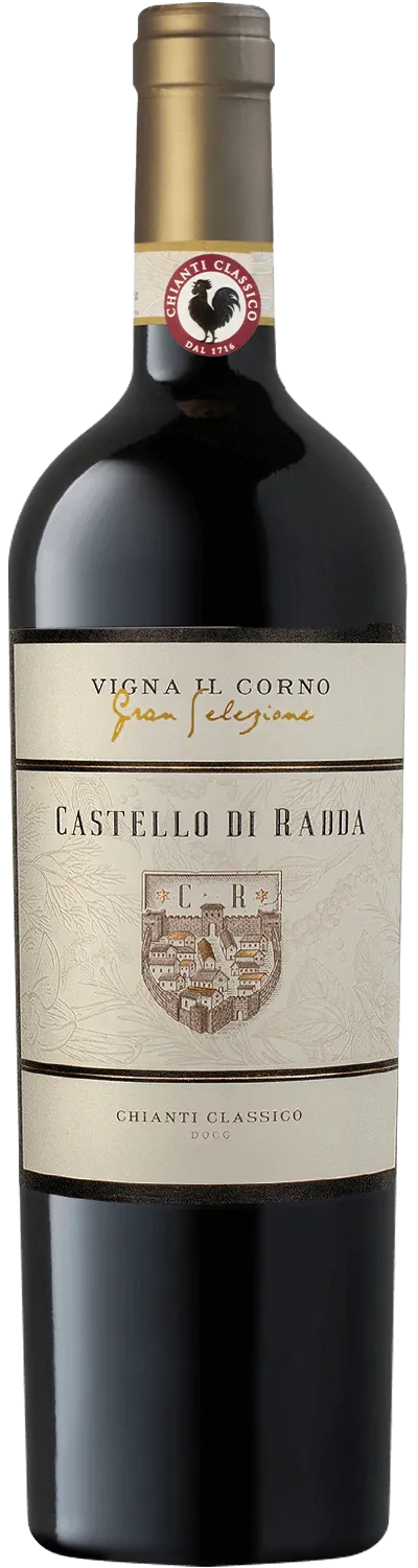 Castello di Radda Chianti Classico Gran Selezione Corno, Rotwein in dunkler Bordeauxflasche mit Etikett