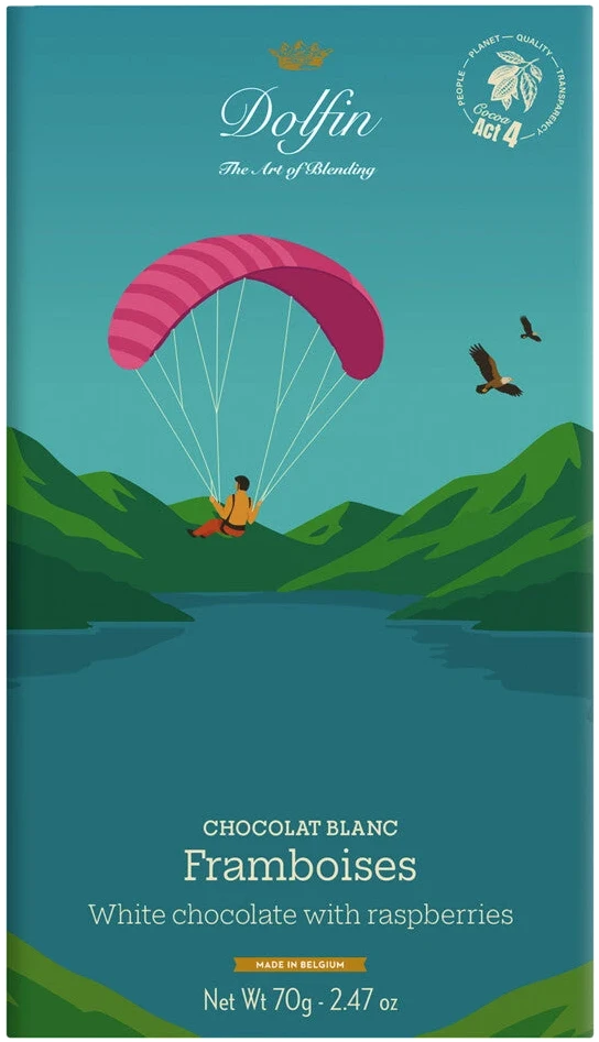 Schokoladentafel Summer mit weißer Schokolade und Himbeeren, Motiv Paraglider über Bergsee