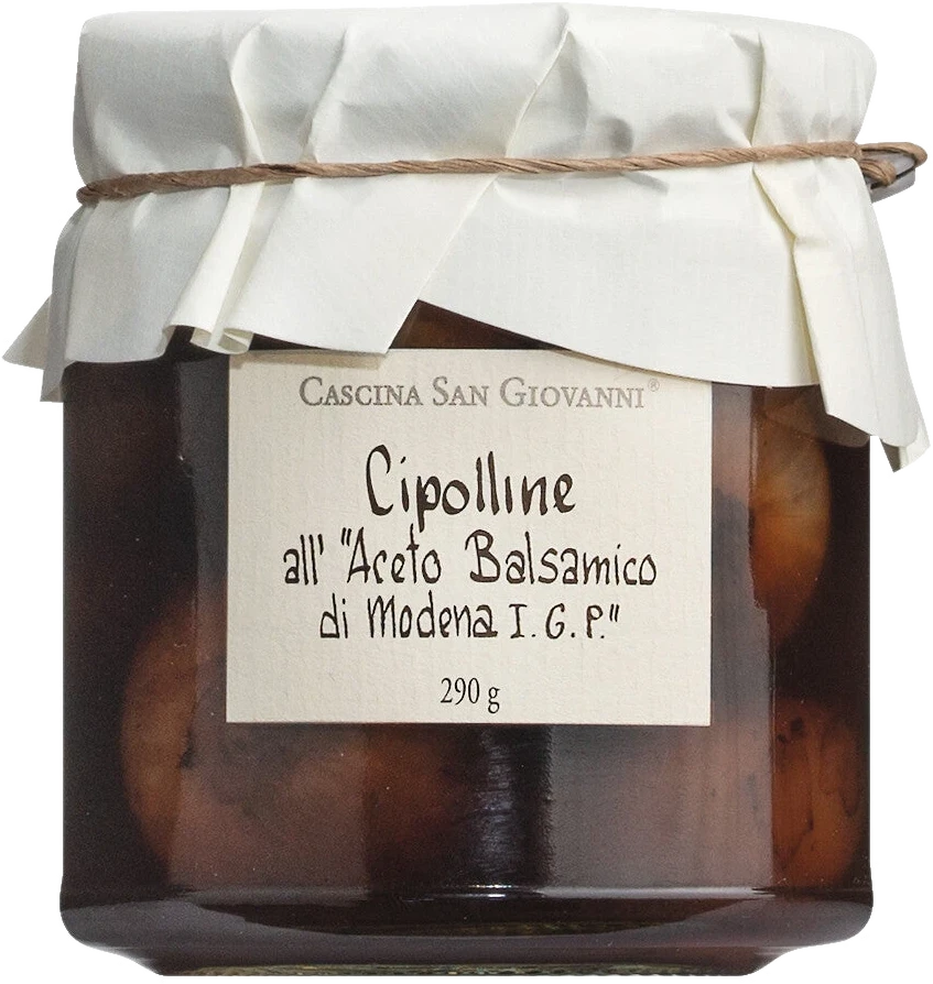 Glas mit Cipolline all'Aceto Balsamico di Modena IGP — kleine Perlzwiebeln in Balsamessig eingelegt