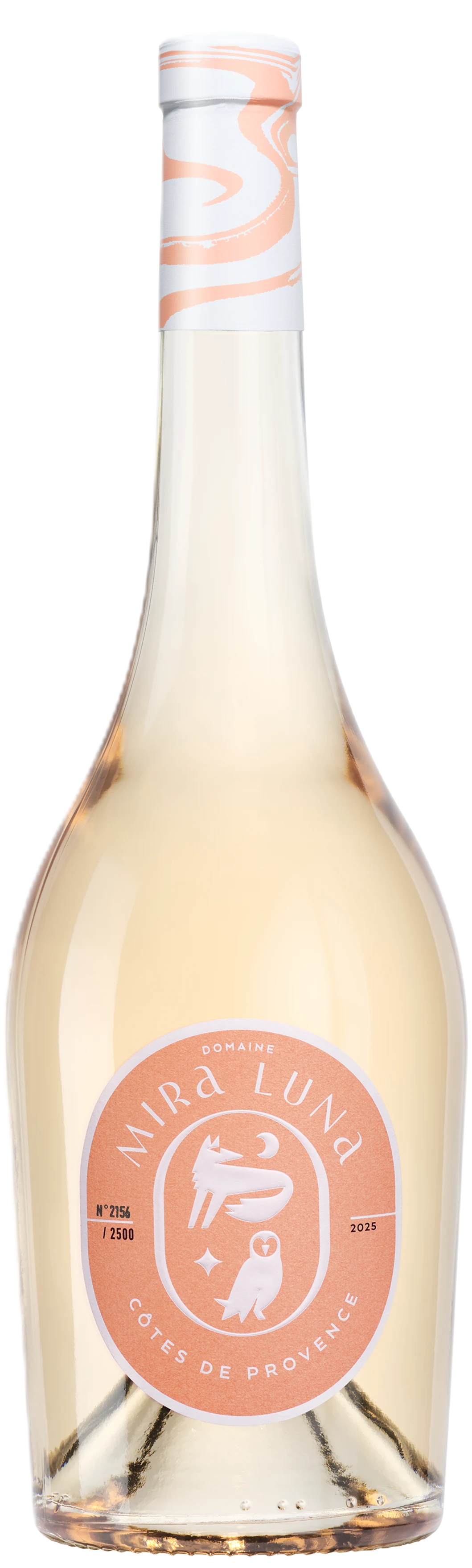 Domaine Mira Luna Côtes de Provence Rosé in heller Lachsrosa-Farbe in schlanker Flasche mit hellem Etikett