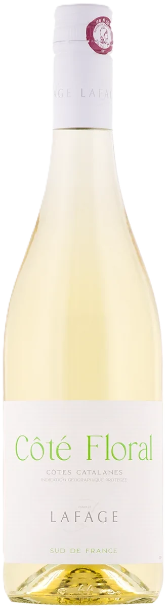 Weißweinflasche Côte Floral von Domaine Lafage, blassgelbes Etikett, Roussillon, Südfrankreich