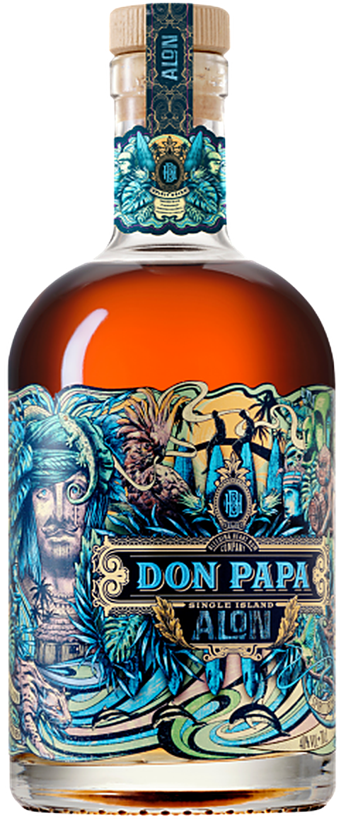 Don Papa Alon Rum, dunkle Flasche mit goldenem Etikett, philippinischer Premium-Rum mit Kokos- und Fruchtnoten