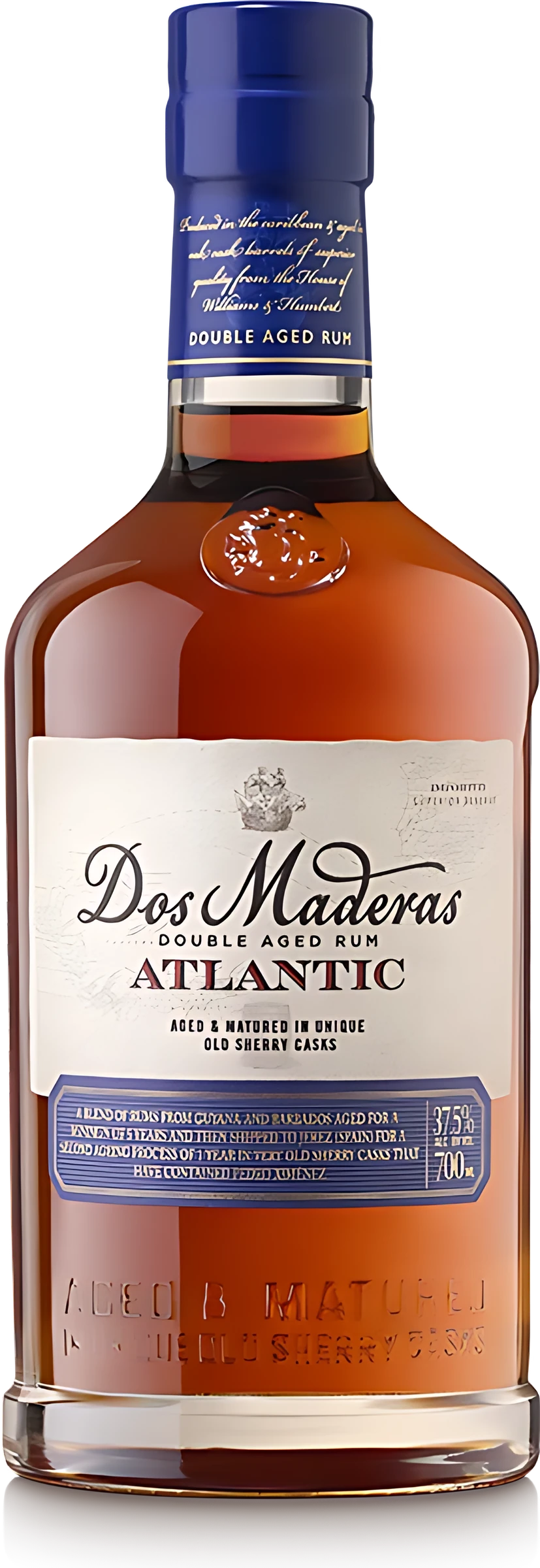Flasche Dos Maderas Atlantic Rum von Williams & Humbert, 0,7-Liter-Glasflasche mit dunklem Etikett