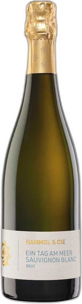 Weingut Hammel & Cie, Ein Tag am Meer Sauvignon Blanc extra Brut – schlanke Sektflasche mit hellem Etikett