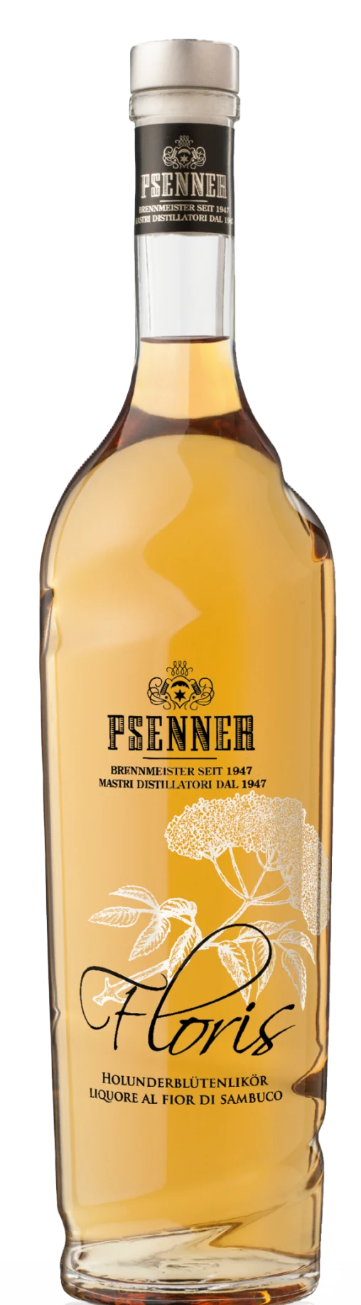 Flasche Psenner Floris Holunderblütenlikör, weißes Etikett mit floralem Design