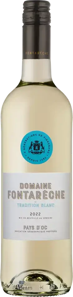 Chateau Fontarèche Tradition Blanc, weiße Weinflasche mit klassischem Etikett