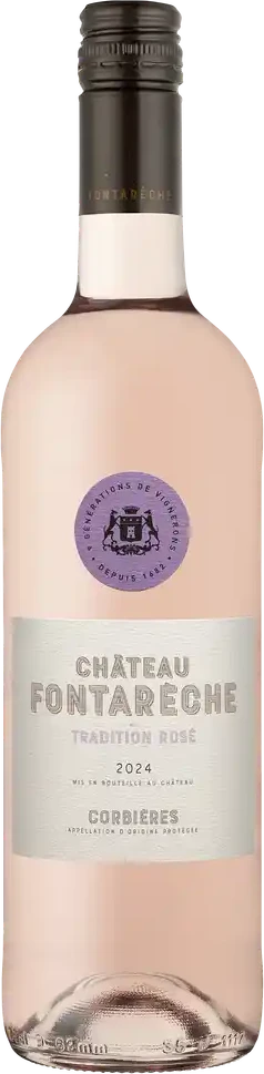 Chateau Fontarèche Tradition Rosé, pink wine bottle with label, rosé wine from the Languedoc