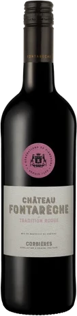 Red wine bottle Fontarèche Tradition Rouge from Chateau Fontarèche with classic label