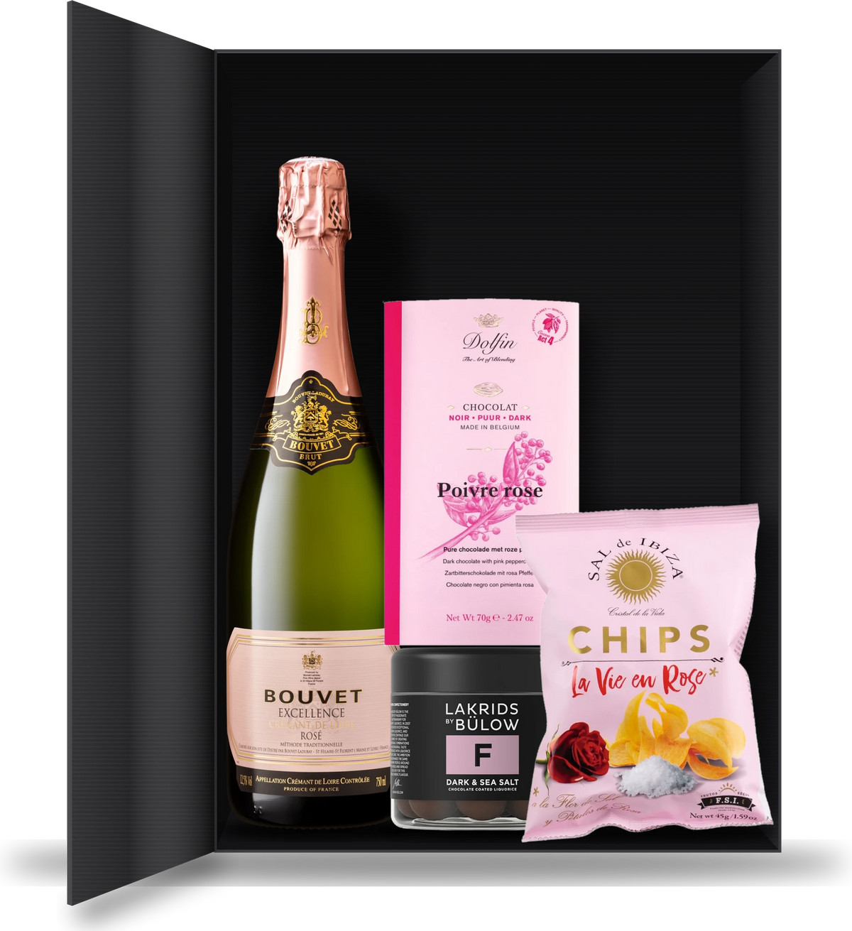 Geschenkset mit Bouvet Crémant Rosé, Lakritz, Schokolade und Chips in einem Geschenkkarton