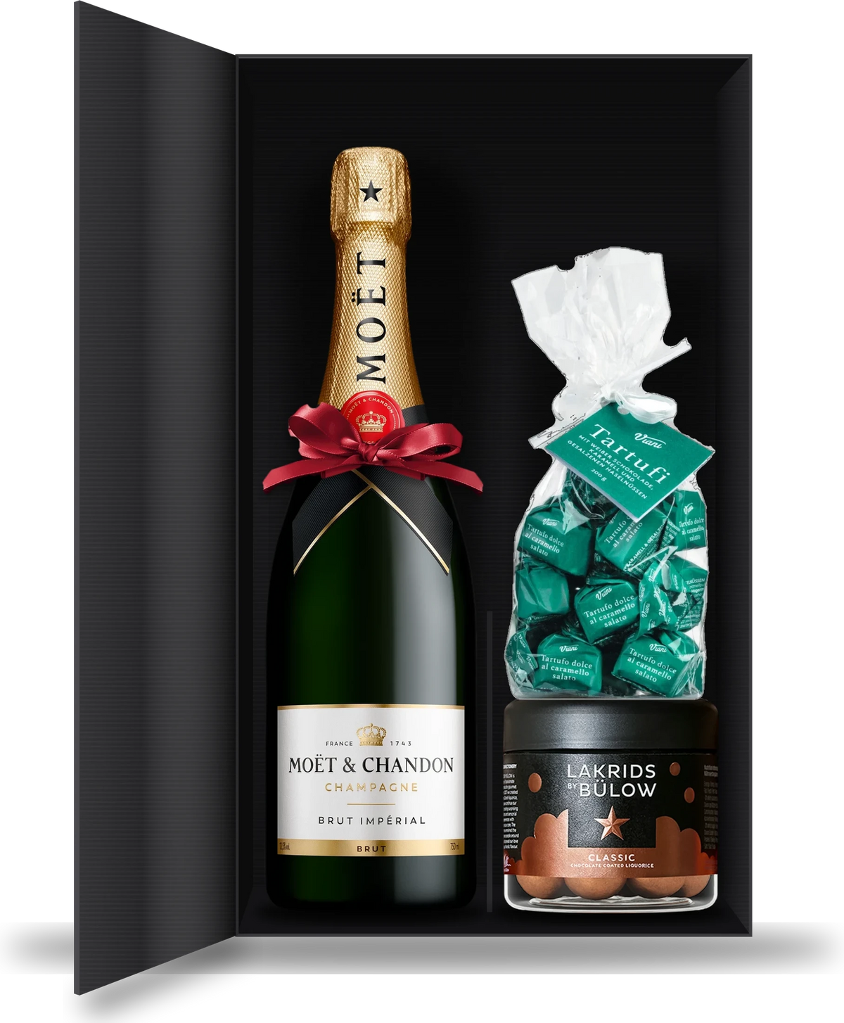 Gift set with Moët & Chandon Impérial Brut Champagne, Lakrids Classic Caramel liquorice and Tartufi dolci truffles