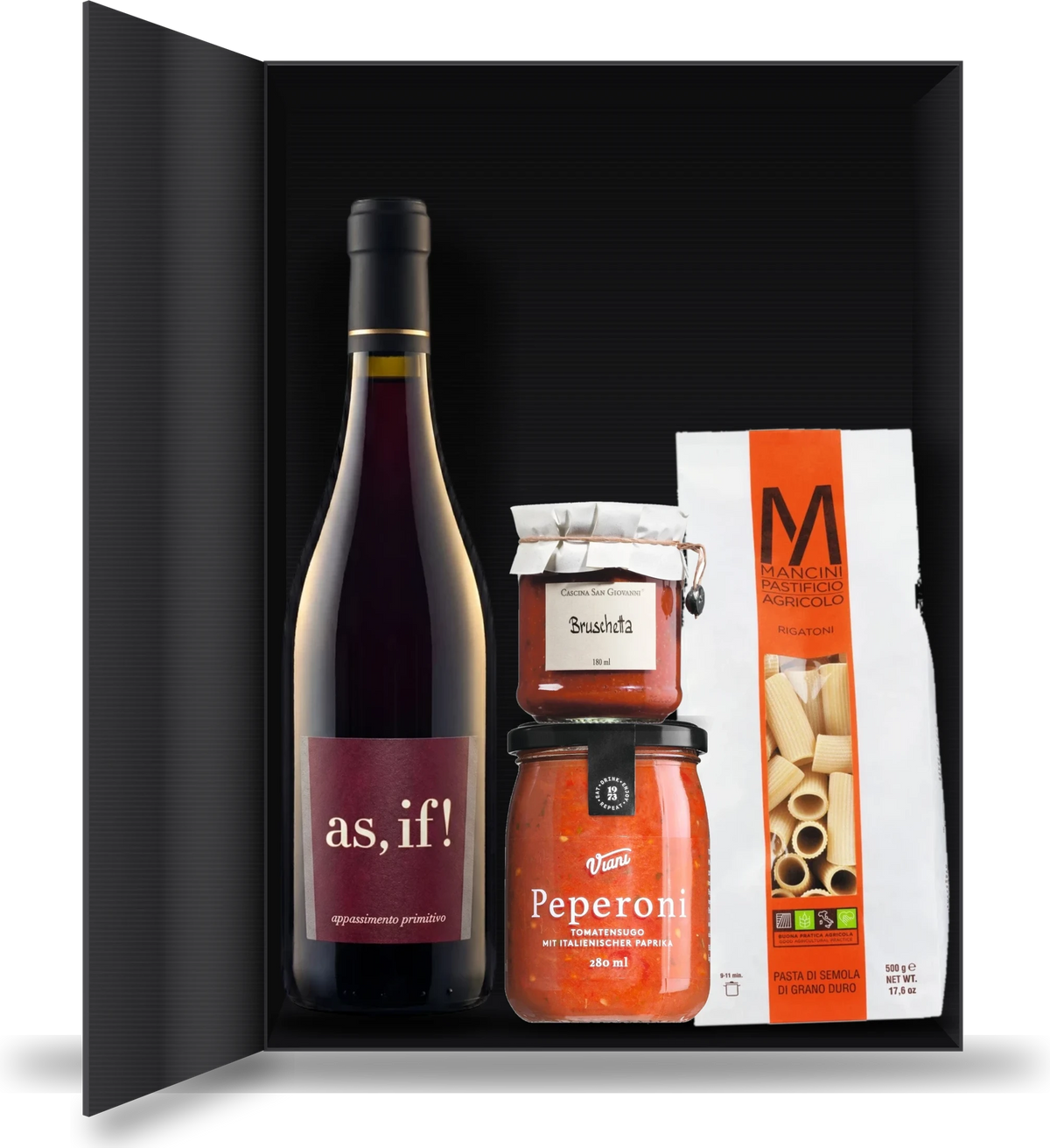 Gift set Italian Evening from Vinoscout: Primitivo from as, if!, Rigatoni, Sugo and Bruschetta