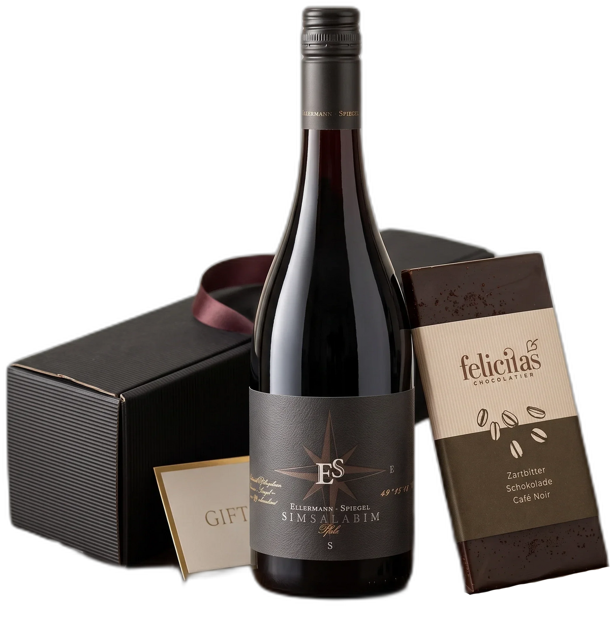 Confiserie Felicitas Set Simsalabim & Chocolate III: Bottle of Pfalz Cuvée, dark chocolate, anthracite-colored box