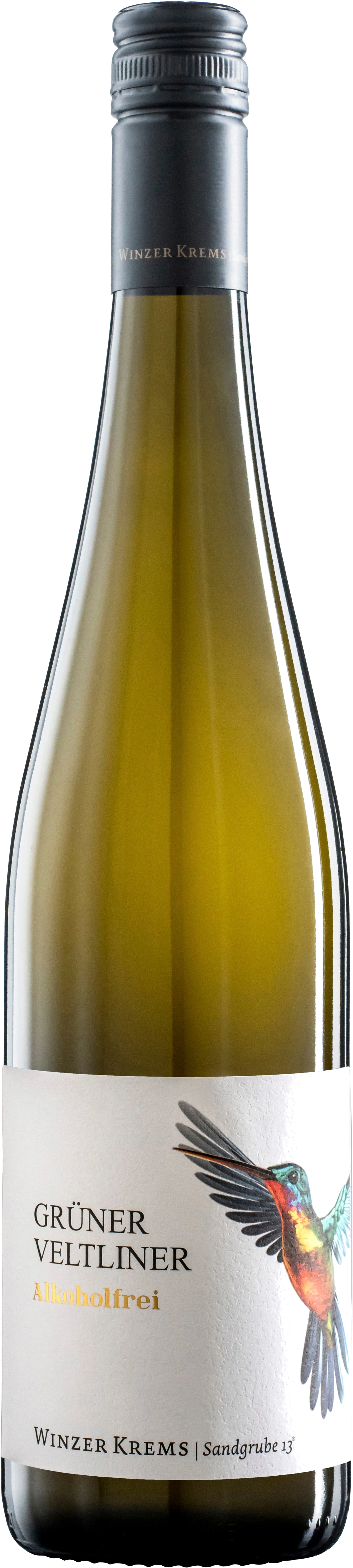WINZER KREMS eG Grüner Veltliner Alkoholfrei, schlanke Weinflasche mit weißem Etikett