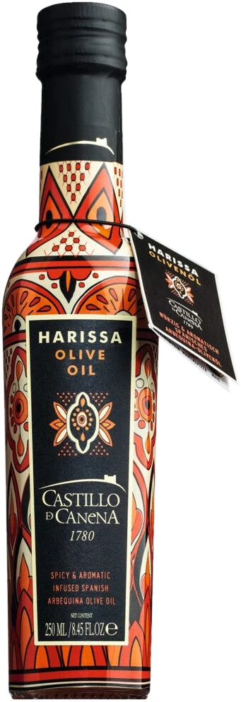 Flasche Harissa Extra Virgin Olive Oil – kaltgepresstes Arbequina-Olivenöl mit Harissa-Gewürzmischung