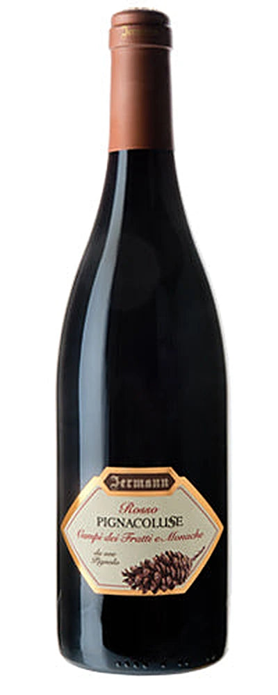 Jermann Pignacolusse, Rotwein aus der Pignolo-Traube, dunkle Weinflasche mit charakteristischem Etikett