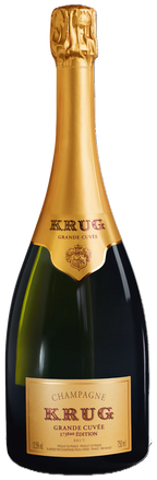 Krug Grande Cuvée: hellgoldener Champagner in Flasche mit cremefarbenem Etikett und schwarzer Kapsel.