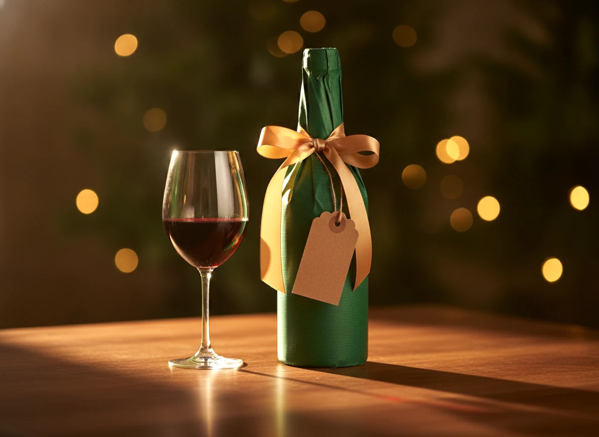 Gift-wrapped bottle of wine with a gold ribbon and a glass of red wine – collect bonus points