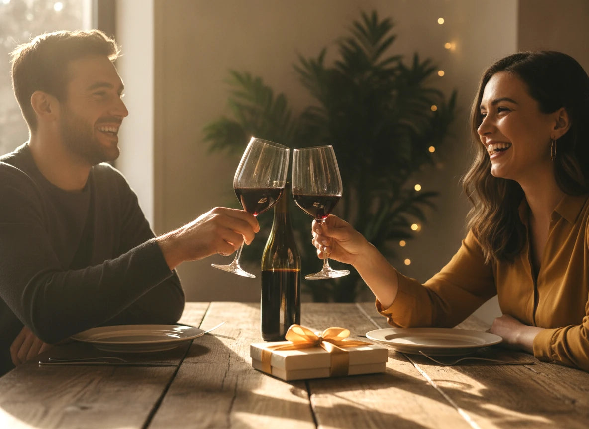Two friends toast with red wine, accompanied by a gift – the Vinoscout customer program