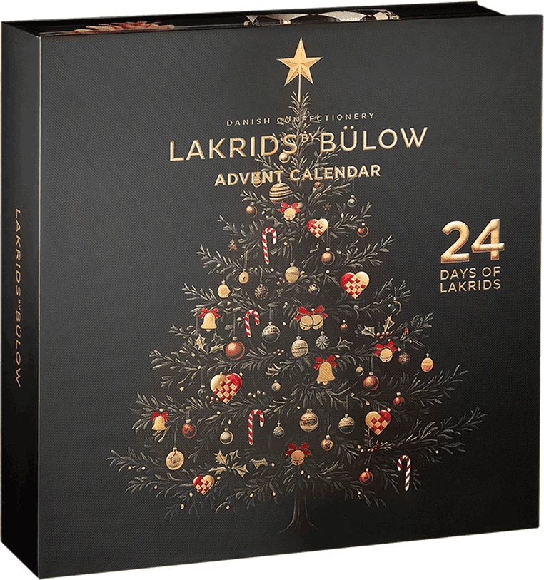 Lakrids by Bülow Adventskalender 2026 mit 24 Türchen, gefüllt mit verschiedenen Lakritz-Sorten.