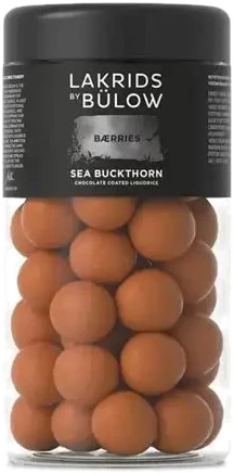 Lakrids by Bülow Sea Buckthorn liquorice in a black round tin with a golden lid