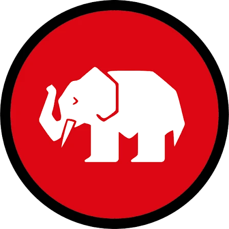 Mampe-Logo mit Elefant. Berliner Spirituosenmarke seit 1831, bekannt für Liköre, Gin und Halb&Halb.