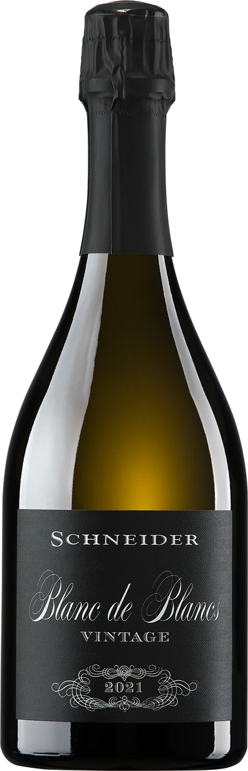 Weiße Weinflasche: Markus Schneider Blanc de Blanc, Chardonnay aus der Pfalz, mit schlicht gestaltetem Etikett.