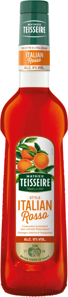 Flasche Mathieu Teisseire Italian Rosso Sirup mit roter Flüssigkeit und Etikett